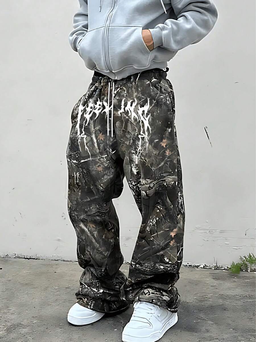 Y2K Streetwear Camouflage Print Wide Leg Pants - Unisex Gothic Letter Graphic Loose Casual Trousers - Màu xanh lá cây đậm - Xem 1