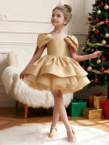 Young Girl' Elegant Champagne Satin Short Sleeve Short Dress, Suitable For Birthday Party, Celebration, Flower Girl Wedding, Bridal, Princess Dress, Photo Shoot, Easter, Vacation - Rượu sâm banh - Xem 7