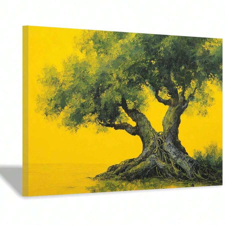 [2D Flat] 1Pc Framed Ready To Hang, Retro Graffiti Tree Tree Of Life Scenery Canvas Wall Art, Modern Abstract Yellow & Green Tree Posters Painting Pictures Wrapped Framed Print, Home Decor Living Room Dining Room Wall Decor For Bold Homeowners, Impressionistic Style - 金色 - 查看 1