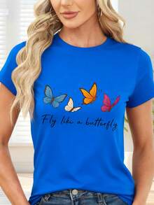 Colorful Butterfly Print T-Shirt For Casual Occasions - Blue - View 1