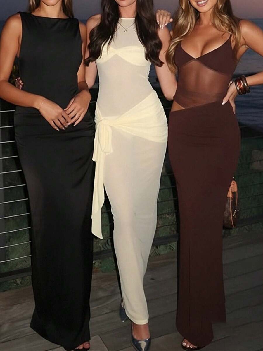 女士性感夏季网纱拼接不对称镂空吊带纯色连衣裙 - 毕业典礼派对优雅礼服 - 棕色 - 查看 1