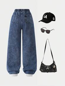 1件女童复古蓝色猫须做旧宽松直筒牛仔裤，休闲户外装，秋冬季 - 中等水洗藍 - 查看 2