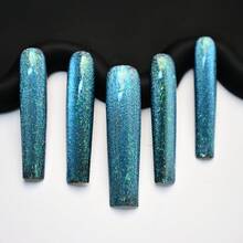 Premium Handmade Cat Eye Long Square Press On Nails, Magnetic Shimmer Gradient, Galaxy Effect Nail Set, Party, Night Glam Summer - 藍綠色 - 查看 8