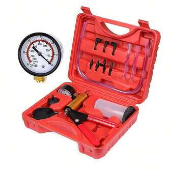 Brake Fluid Bleeder Kit With Manual Vacuum Pump And Pressure Gauge Adapters, Brake Fluid Bleeding Tool Set For Bicycle, Car, Truck (Red)