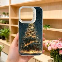 Cubierta de teléfono con diseño de árbol de navidad brillante y ciervos en tono azul oscuro para iPhone 14 Pro Max ideal para temporada festiva Aplicable a los teléfonos de la serie Apple y Galaxy - Negro - Ver 5