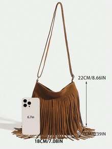 1pc Women's Vintage Tassel Bucket Bag, Reversible Tassel Crossbody Shoulder Bag - Brown - View 2