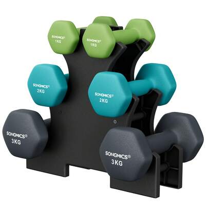  SONGMICS Hex Dumbbells Set With Stand - 2 X 1 Kg, 2 X 2 Kg, 2 X 3 Kg, Neoprene Matte Finish, Hand Weights For Home Exercise, Lime, Teal, And Dark Grey