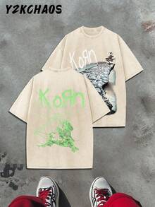 Y2KCHAOS Vintage Band Tee For Men And Women – Dark Gray Cotton T-Shirt With Korn Logo And Grunge Graphic Print, Distressed Rock Music Design, Perfect For Hardcore Fans And Alternative Fashion Lovers – Vintage Style (250 Washed Cotton T-Shirt) Manfinity - 杏色 - 查看 3