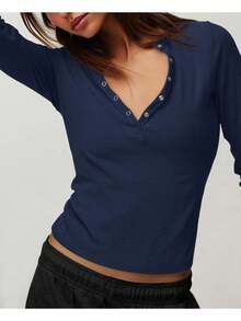 Women's Cropped Ribbed Henley Shirt, Deep V Neck Long Sleeve Button Up Casual Knit Top - Hải quân - Xem 4