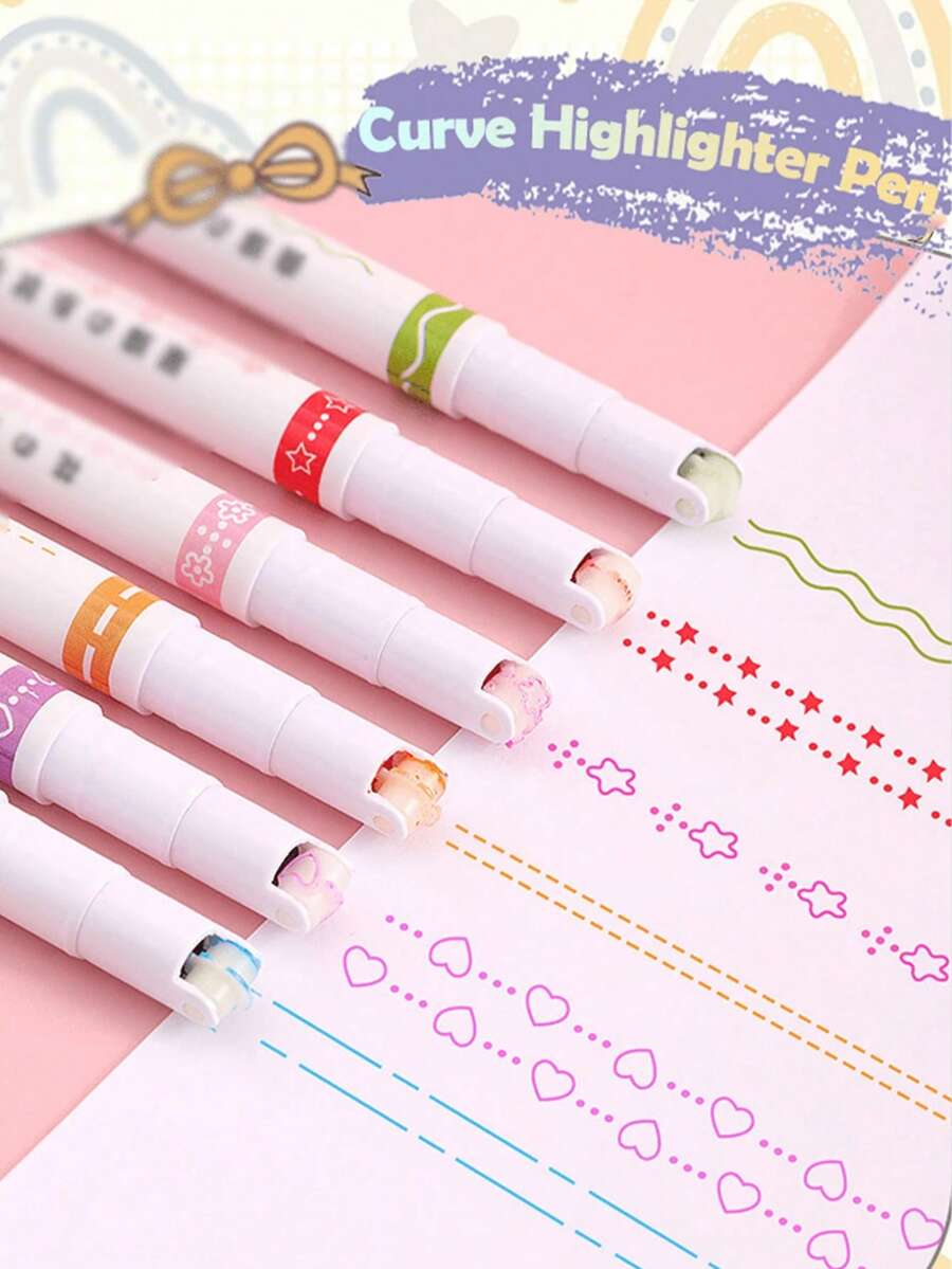 6/12/18pcs Set Fluorescent Highlighter Pens, Handwriting Curve Pens, Ball Dot Pattern Pens, Printing Outline Pens, Creative Wave Pattern Ballpoint Pens, Back To School - Multicolor - View 1