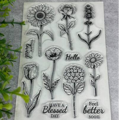 复古透明橡胶印章，向日葵郁金香图案，适用于DIY剪贴簿、照片杂志、相册装饰等。