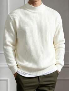 Men's Casual Ribbed Turtleneck Sweater, Suitable For Commuting And Layering, Autumn/Winter - White - View 1