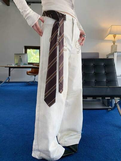 1pc Coffee Striped Scarf, Women's Fashion Tie Headband, JK Uniform Necktie, Striped Scarf Belt, Long Narrow Waist Belt, Suitable For Casual, Weekend Outing, Date, Campus And Other Occasions, Fashionable Multifunctional Accessory, Can Also Be Used For Christmas Decoration