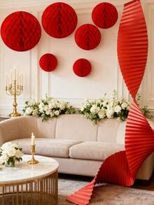 5件套情人节婚礼天花板装饰红色瓦楞纸花环，红色蜂窝球，适用于婚礼、新年派对装饰、婚房庆典墙面装饰、客厅卧室中式婚礼装饰、房间装饰