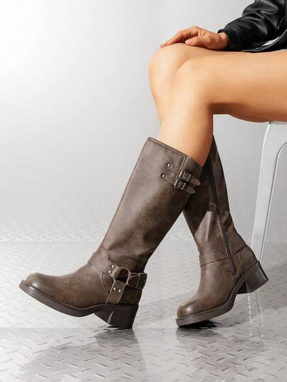 Botas Largas para Mujer, Botas de Motociclista para Dama con Punta Cuadrada