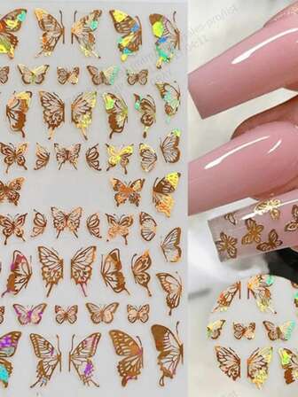 Pegatinas de arte de uñas con mariposas holográficas 3D, calcomanías adhesivas, transferencias de uñas doradas de colores brillantes DIY, decoraciones de envolturas de láminas