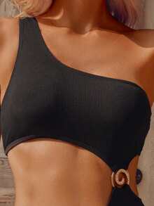 wohenmeili 女士无袖黑色高弹针织比基尼套装，波西米亚风圆领露背设计，饰有圆环，适合海滩度假夏季穿着。 - 黑色 - 查看 9