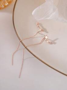 Nooxian 2pcs Micro-Inlaid Star Tassel Zirconia Ear Chain Earrings For Women - Rose Gold - View 8