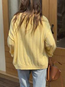 1 件女式纯色百搭舒适针织开衫，宽松版型，长袖 - 黃色 - 查看 5