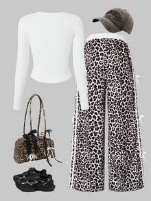 Bộ đồ thể thao 2 mảnh Sparklin Girls họa tiết da báo thoải mái, thời trang, thắt nơ bên hông, gồm quần ống rộng và áo thun dài tay cổ tròn họa tiết nơ, thích hợp cho mùa xuân/đông, phong cách đường phố, đi học, tụ họp, hoạt động ngoài trời, kỳ nghỉ, du lịch và mặc hàng ngày. - trắng - Xem 5