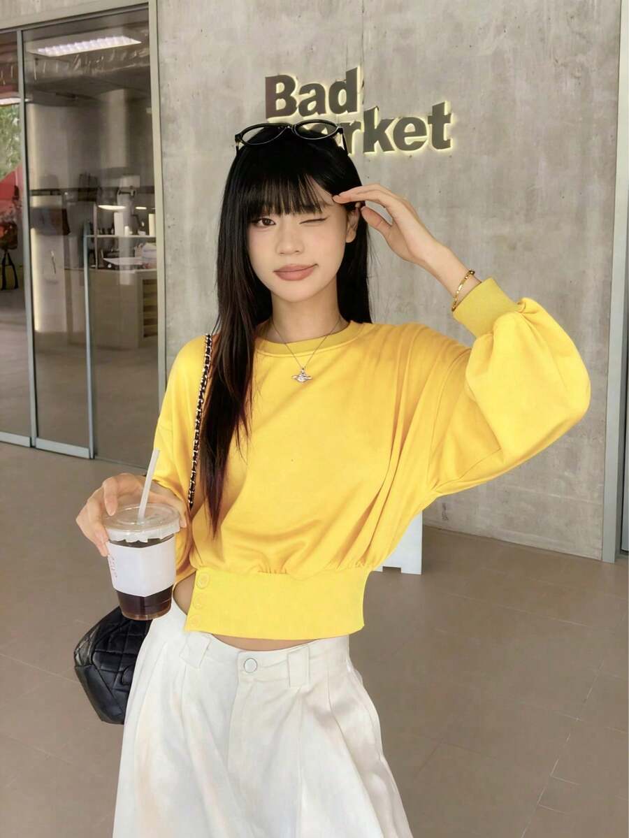 女式休闲纯色腰部抽绳纽扣设计灯笼袖运动衫,秋季 - 黃色 - 查看 1