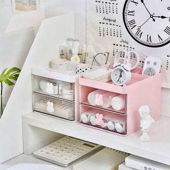 可爱兔子多功能桌面收纳盒 - 大容量化妆品、笔和工具收纳盒，桌面储物盒