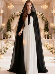 白色雪纺连帽斗篷新娘披肩复古森林女王风格婚纱角色扮演斗篷披肩，适合派对、新娘装扮、摄影道具 - 彩色 - 查看 3