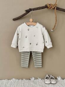 2件套女婴花卉刺绣长袖套头衫+弹力条纹裤，春秋季 - 杏色 - 查看 6