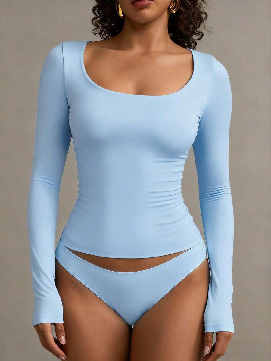 XLLAIS Solid Long Sleeve Casual Top Spring Big Crew Neck Sexy Women T Shirt Fall Winter Clothes