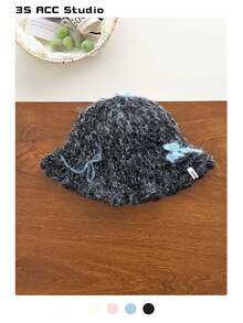 Minimalist Knitted Bucket Hat With Elegant White Bow, Women's Warm Ear Protection Large Head Circumference Knitted Hat, Sweet Cute Handmade Crochet Knitted Hat, Versatile Knitted Hat With Ear Protection, Bucket Hat