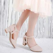 1 Pair Girls Dress Shoes Closed Toe Chunky High Heels Ankle Strap Wedding Party Pump Shoes - Da Nubuck Nude - Xem 9