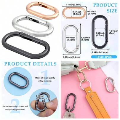 3pcs Oval Spring Ring Clips Heavy Duty Metal Keyring Purse Clip O Ring Carabiner For Keychains Backpacks Keys