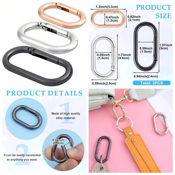 3pcs Oval Spring Ring Clips Heavy Duty Metal Keyring Purse Clip O Ring Carabiner For Keychains Backpacks Keys
