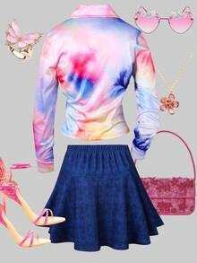 Set de 2 piezas de conjunto de top con efecto tie-dye y falda de punto para niñas, de moda y elegante, para primavera/otoño - Multicolor - Ver 2