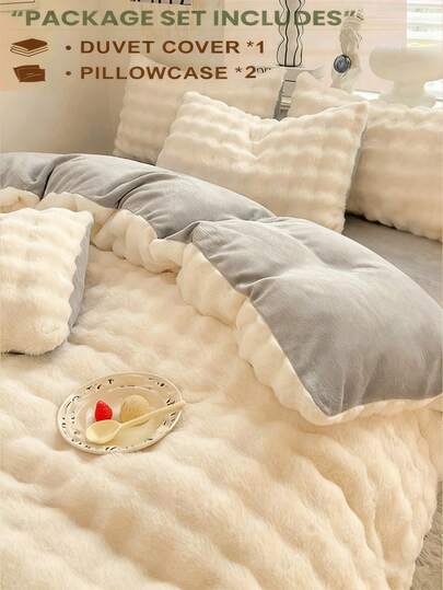 3 件套奶油白色毛绒珊瑚绒羽绒被套，适用于卧室床，柔软温暖床上用品套装，带枕套，可机洗