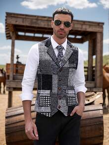 Men's Retro Patchwork Lapel Waistcoat - Grey - View 1