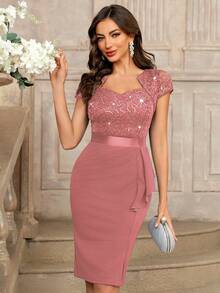 MIUSOL Sequin Lace Sweetheart Neck Ruffle Hem Cocktail Party Bodycon Dress Wedding Spring - Dusty Pink - View 5