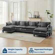 3-Seater Modular Sectional Sofa With 2 Ottomans, Corduroy Deep Seat Couch, Double Layer Cushion, Plush Backrest & Armrest Pillow, Cozy Cloud Couch For Living Room Apartment  146.5" L Modular Sectional Sofa With Ottoman, Corduroy Cloud Couch U-Shaped, Deep Seat Comfy Couch For Living Room, Movable Ottoman & Pillows  112 In U Modular Sectional Sofa, Corduroy Cloud Couch With Movable Ottoman & Throw Pillows, Modern L/U-Shaped Sofa, Comfy Deep Seat Couch For Living Rooms, Offices, Bedroom And Apartment - 灰色-146.5"-U Shape 4 Seats - 查看 4