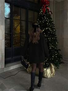 2025 New Women's Autumn/Winter Christmas Date Jacket, Suitable For Daily Outings, Elegant French Style With Scarf, Mid-Length Loose Round Neck, Front Button Waist Belt, Side Pockets - Black - View 4