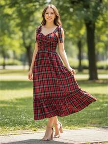 Womens Tie Shoulder Christmas Dress Sleeveless Sweetheart Neck Plaid Print Dress Holiday Midi Dress - 紅色 - 查看 1
