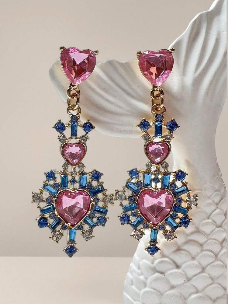 Rhinestone Heart Drop Earrings Valentines