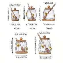1pc 10/14/17oz Glass Honey Jar With Bee Pattern, Glass Cup With 1 Wooden Stick, 1 Wooden Lid, 1 Wooden Bottom, Transparent Honey Storage Container, Bee Decor, Suitable For Syrup Storage, Home, Wedding, Party, Kitchen - Multicolor - View 5