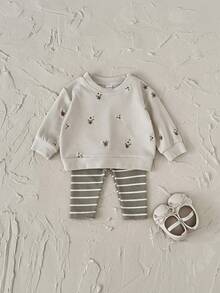 2件套女婴花卉刺绣长袖套头衫+弹力条纹裤，春秋季 - 杏色 - 查看 8