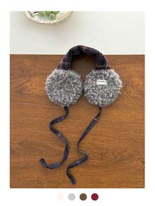 复古格子羊毛耳罩，女士款，加厚保暖，适合户外骑行，复古格子羊毛系带耳罩，女士冬季保暖耳罩，冬季装备 - 亮絲拼色條紋 - 查看 14