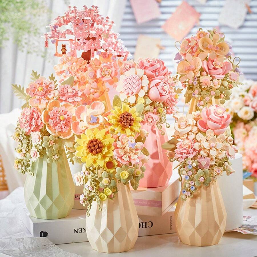 486 Stück Blumenstrauß-förmige Bauklötze, geeignet für Heimdekoration, Valentinstag-Geschenk, Geburtstagsgeschenk, Geschenk für Liebhaber, Freunde und Familie. Kann auch als Urlaubsgeschenk, Vatertags-Geschenk, Muttertags-Geschenk, Hochzeitsgeschenk, Hochzeitsdekoration, Abschlussgeschenk verwendet werden. - Verschiedenfarbig - Übersicht 1