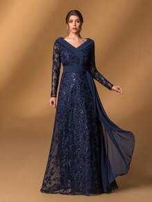 Faeriesty Vestido elegante de la madre de la novia con cuello en V, manga larga y silueta evasé con bordados florales y detalles transparentes - Perfecto para ceremonias de boda, galas formales, celebraciones de aniversario, cenas de etiqueta y eventos nocturnos de alta gama