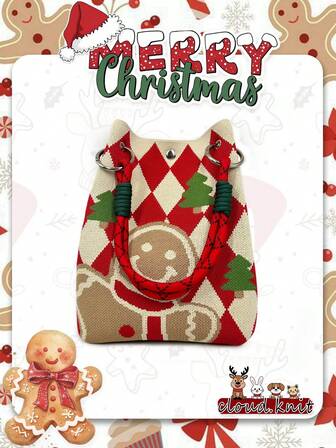 New Autumn/Winter Gingerbread Pattern Knitted Bucket Handbag, Christmas Design Tote Bag, Lightweight Foldable Handbag With Unique Design To Stand Out During Holidays, Perfect Christmas Gift!