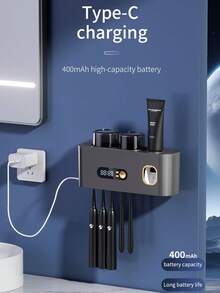 1 件装智能牙刷消毒器，带牙膏分配器，壁挂式牙刷架，USB 充电式牙刷消毒器，牙刷架兼消毒器，5 槽牙刷收纳架，2 个漱口杯，无需钻孔，浴室配件，家居装饰，返校季好物