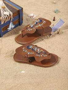 Girls' Fashion Slippers, New Summer Design With Embroidered Butterfly, Stylish, Generous, Lightweight And Flat - Brown - View 4