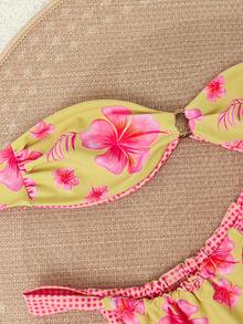 两件套女士印花沙滩比基尼套装，款式百搭，饰有金属点缀，适合度假穿着。2026夏季女士沙滩比基尼，优雅百搭，适合圣诞节、派对、休闲夏季度假，双面可穿时尚三件套泳衣。 - 黃粉 - 查看 4